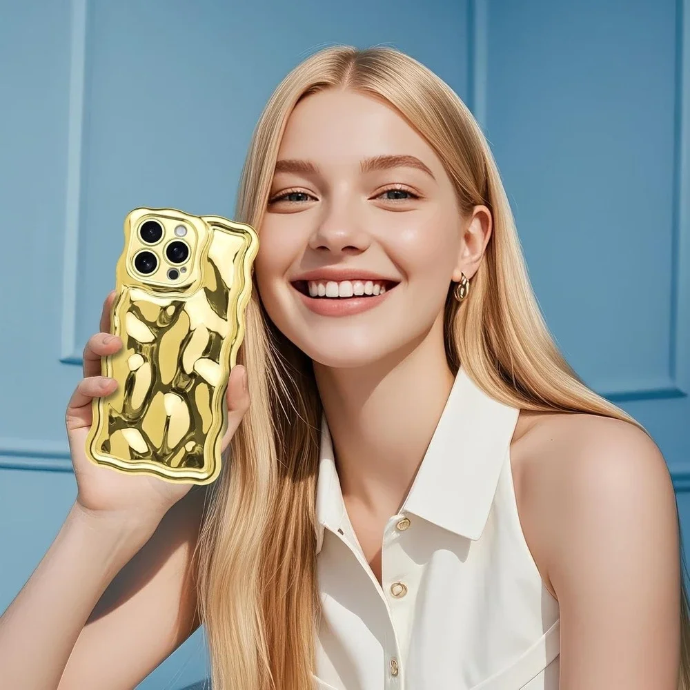 3D Meteorite Bubble Pattern, Glossy Cover (iPhone 14 Pro Max, Gold)‎ (4908)